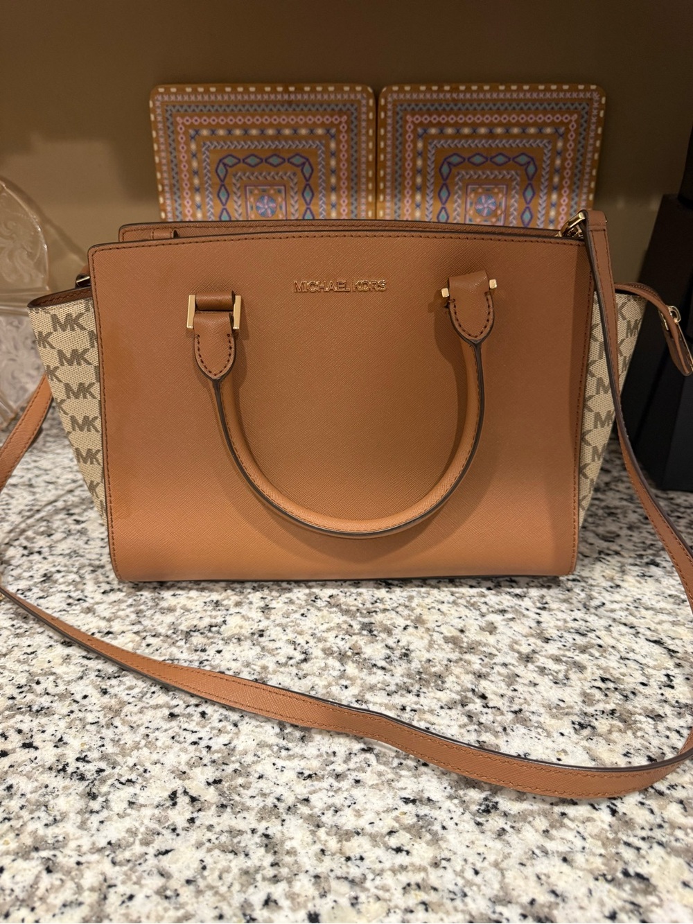 Michael Kors Brown and Beige Logo Leather Satchel